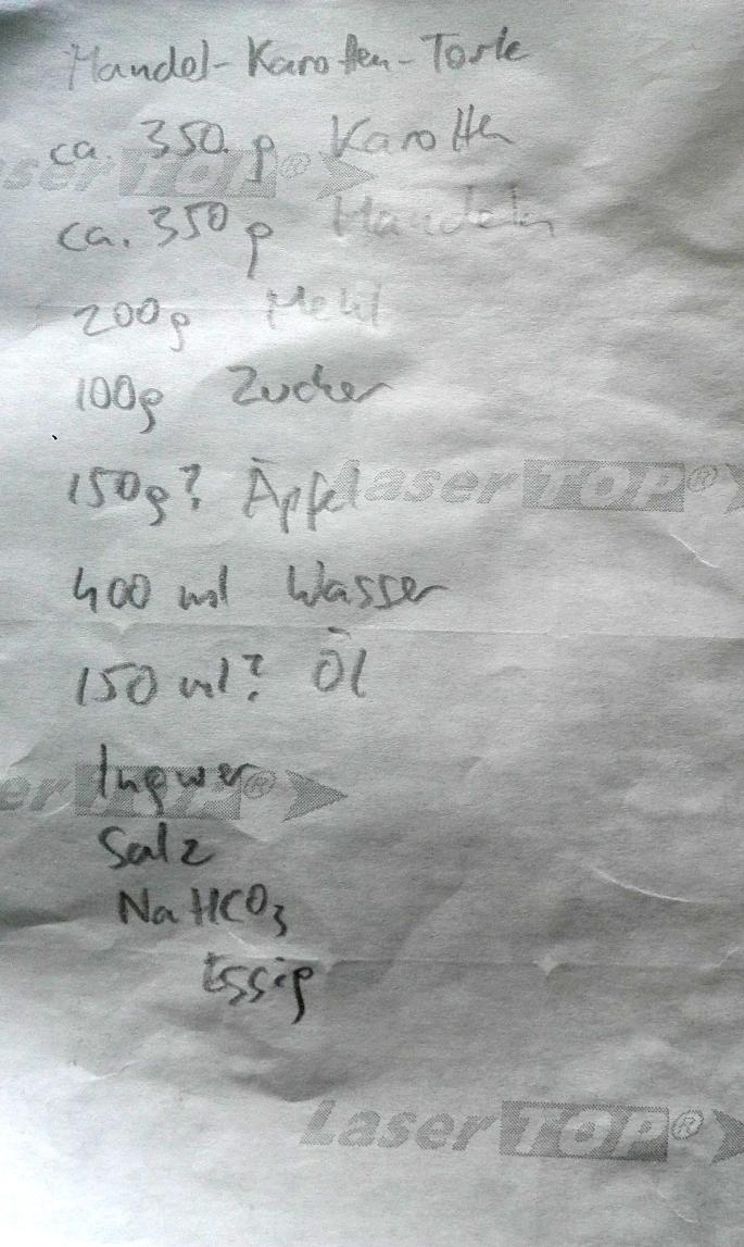 Mandel-Karotten-Torte vegan/ca. 350 g Karotten/ca. 350 g Mandeln/200 g Mehl/100 g Zucker/ca. 150 g Äpfel/ca. 400 ml Wasser/ca. 150 ml Olivenöl/Ingwer/Salz/Natriumbicarbonat (Speisesoda)/Essig/ca. 1 h bei 160 ° C Umluft backen (180 ° C Ober- und Unterhitze), Nadelprobe Mandel-Karotten-Torte vegan/ca. 350 g Karotten/ca. 350 g Mandeln/200 g Mehl/100 g Zucker/ca. 150 g Äpfel/ca. 400 ml Wasser/ca. 150 ml Olivenöl/Ingwer/Salz/Natriumbicarbonat (Speisesoda)/Essig/ca. 1 h bei 160 ° C Umluft backen (180 ° C Ober- und Unterhitze), Nadelprobe